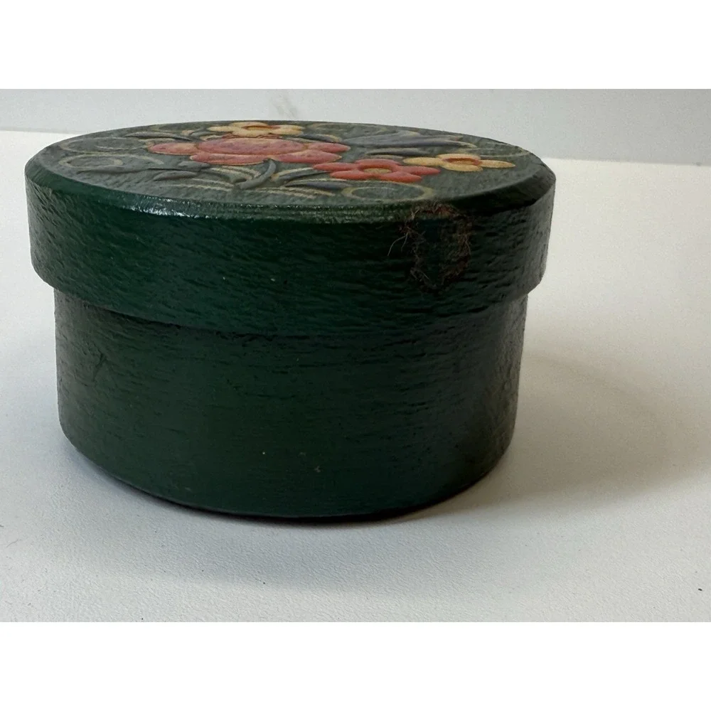 Vintage Wood Mini‎ Trinket Box Hand Painted Floral Design Folk Art Cottagecore